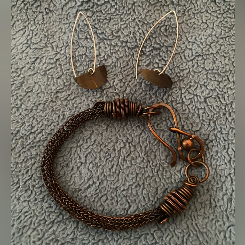 Handmade copper Viking knit bracelet 8” and sterling/copper earrings.